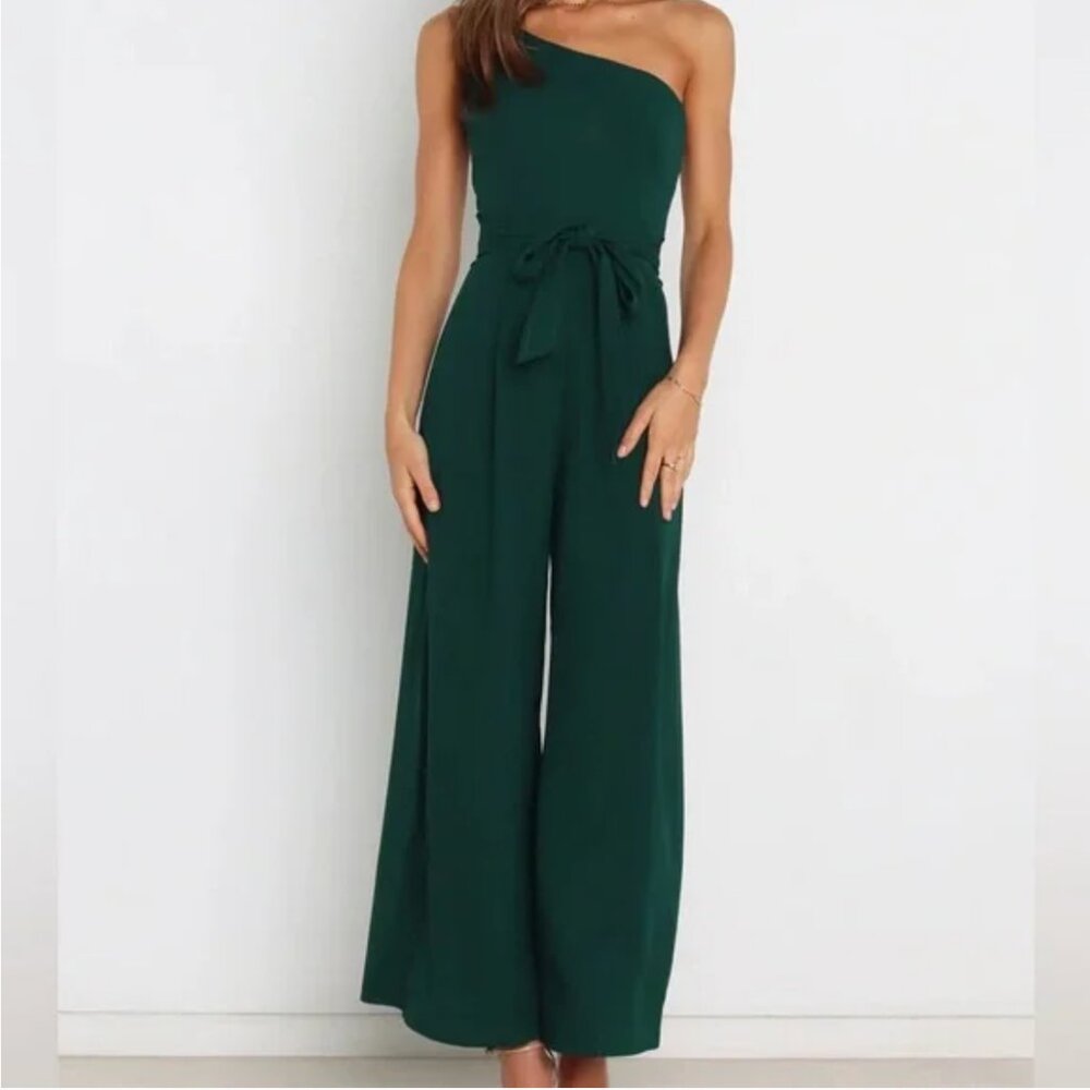 Petal & Pup One-Shoulder Dark Green Wide-Leg Jumpsuit